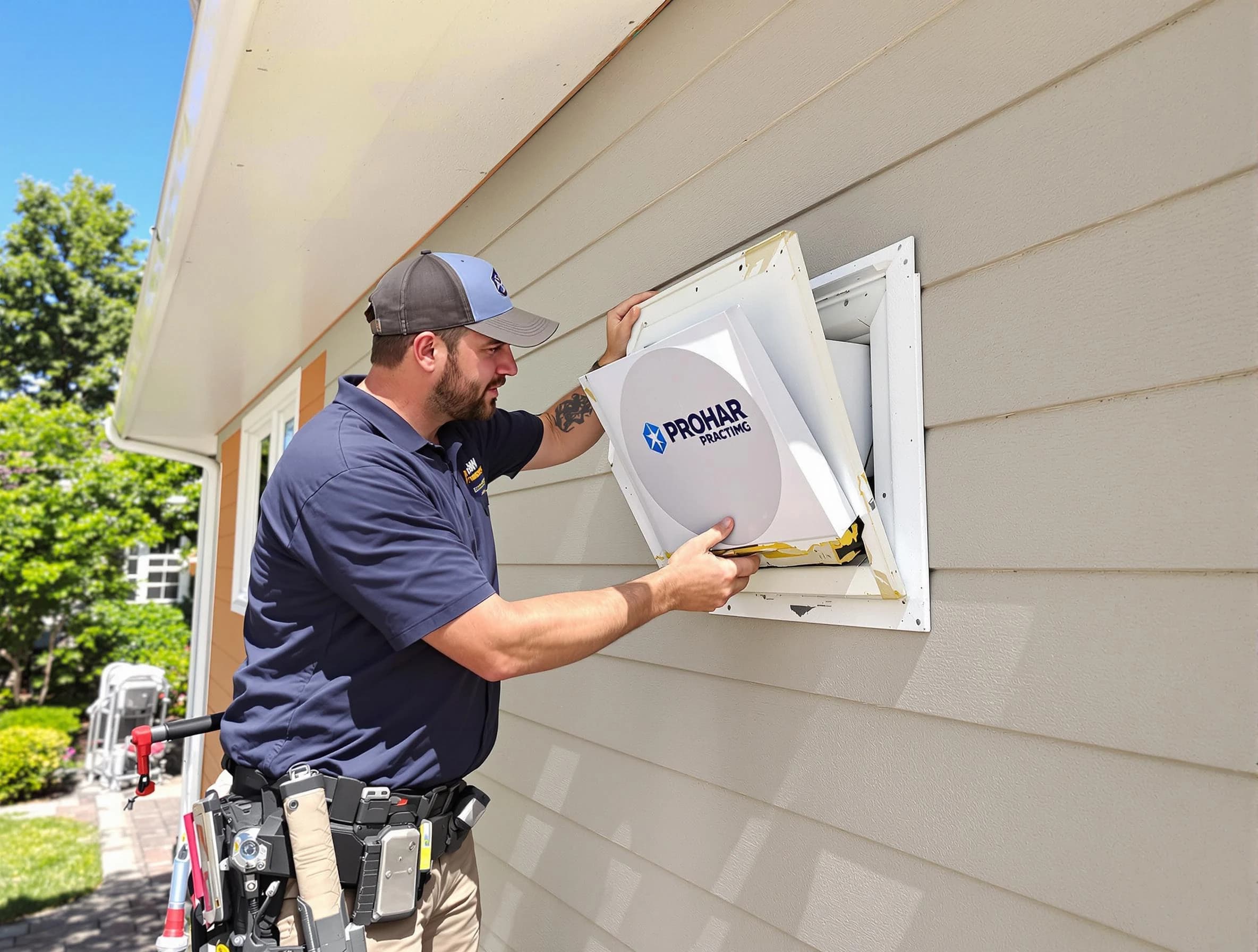Gunbarrel Dryer Vent Cleaning technician installing a new protective dryer vent cover on a home in Gunbarrel