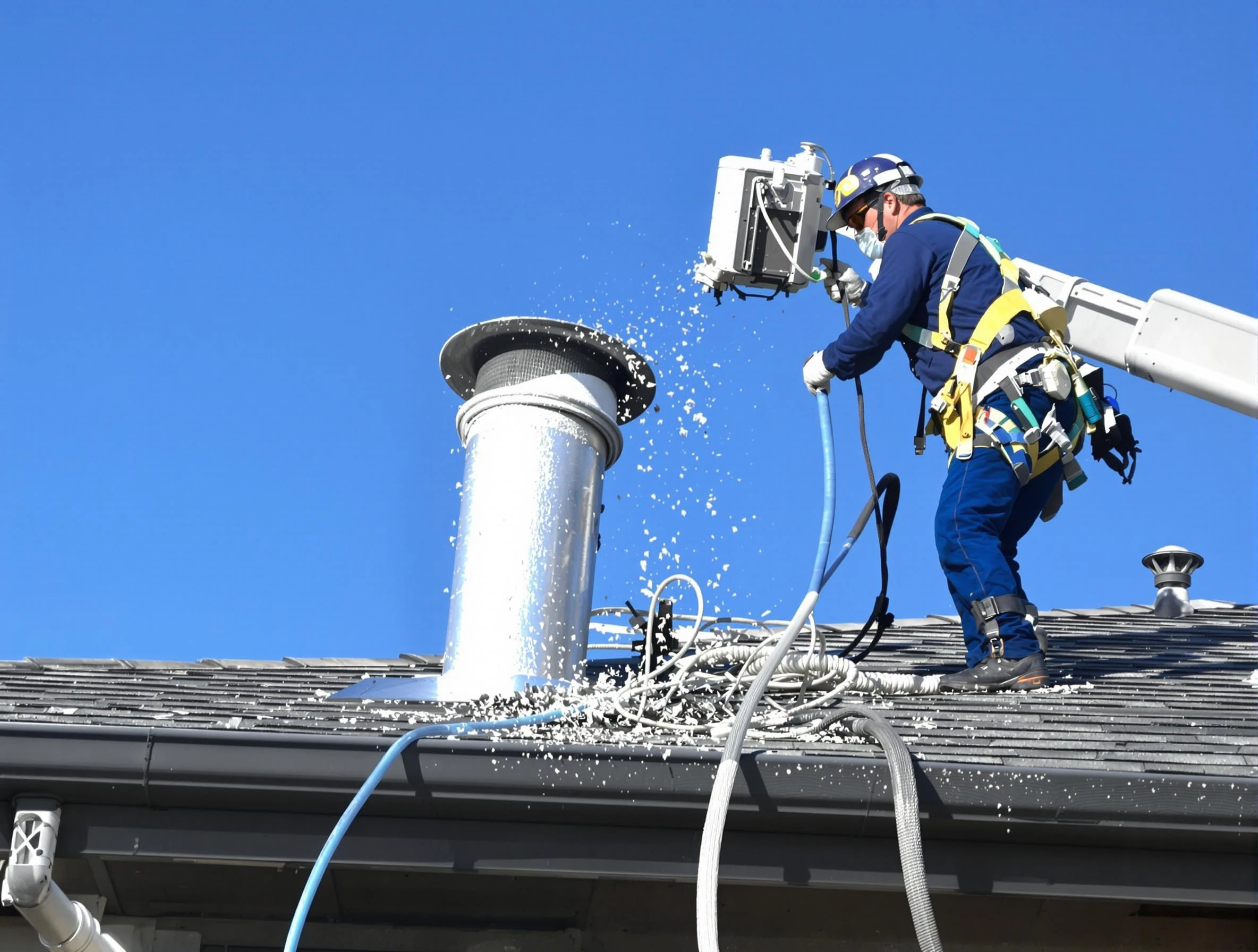 Gunbarrel Dryer Vent Cleaning certified technician safely cleaning a roof-mounted dryer vent in Gunbarrel