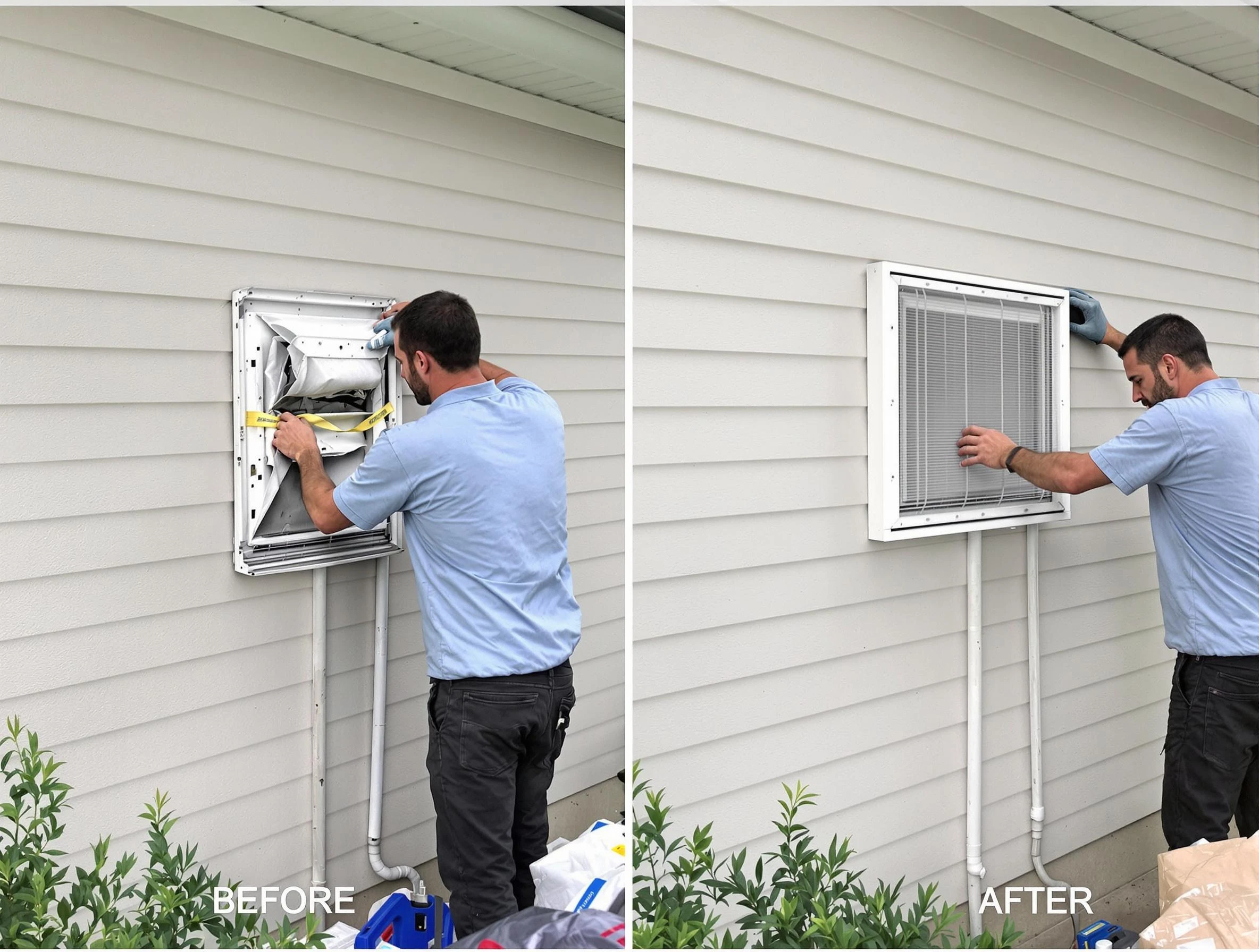 Gunbarrel Dryer Vent Cleaning technician installing high-quality dryer vent cover at a residential property in Gunbarrel